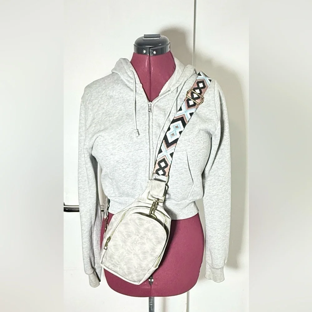 Gray Crossbody Bag with Patterned Strap